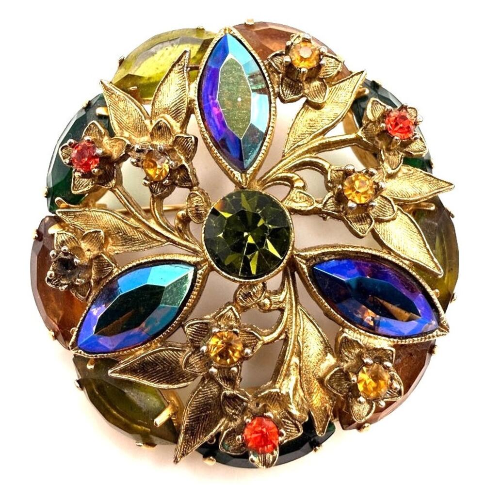 Vintage Mid Century Gold Tone AB Rhinestone Brooch Pendant Converter